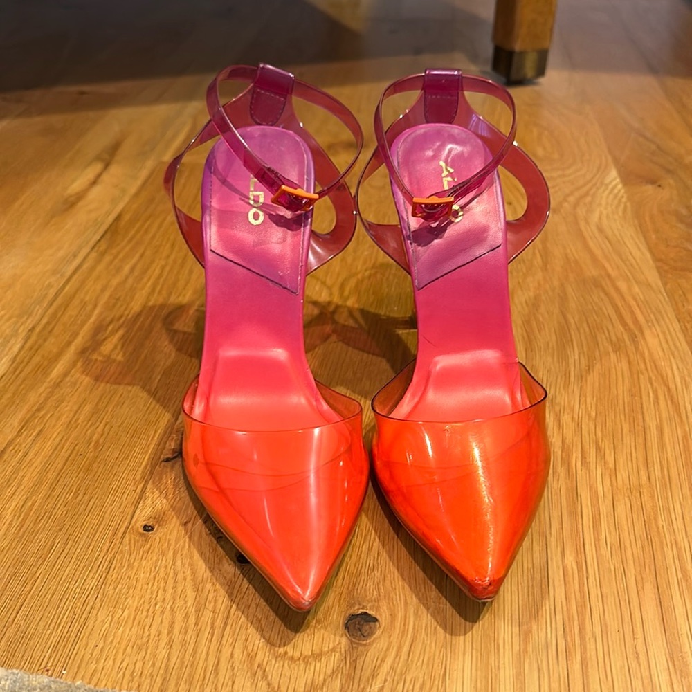 Aldo pink to orange ombre transparent 3” heels